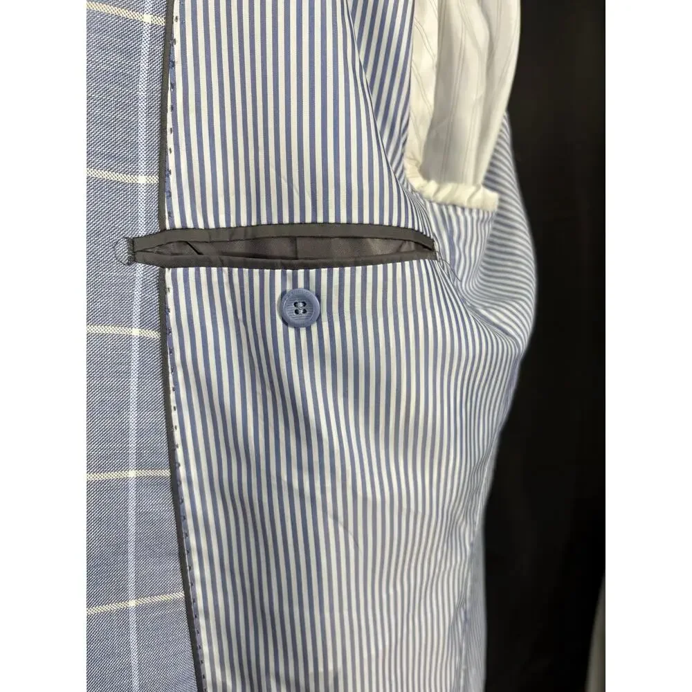Lorenzo Bruno Italian Design Blazer, Blue Plaid, Sports Coat, Super 150 Lined